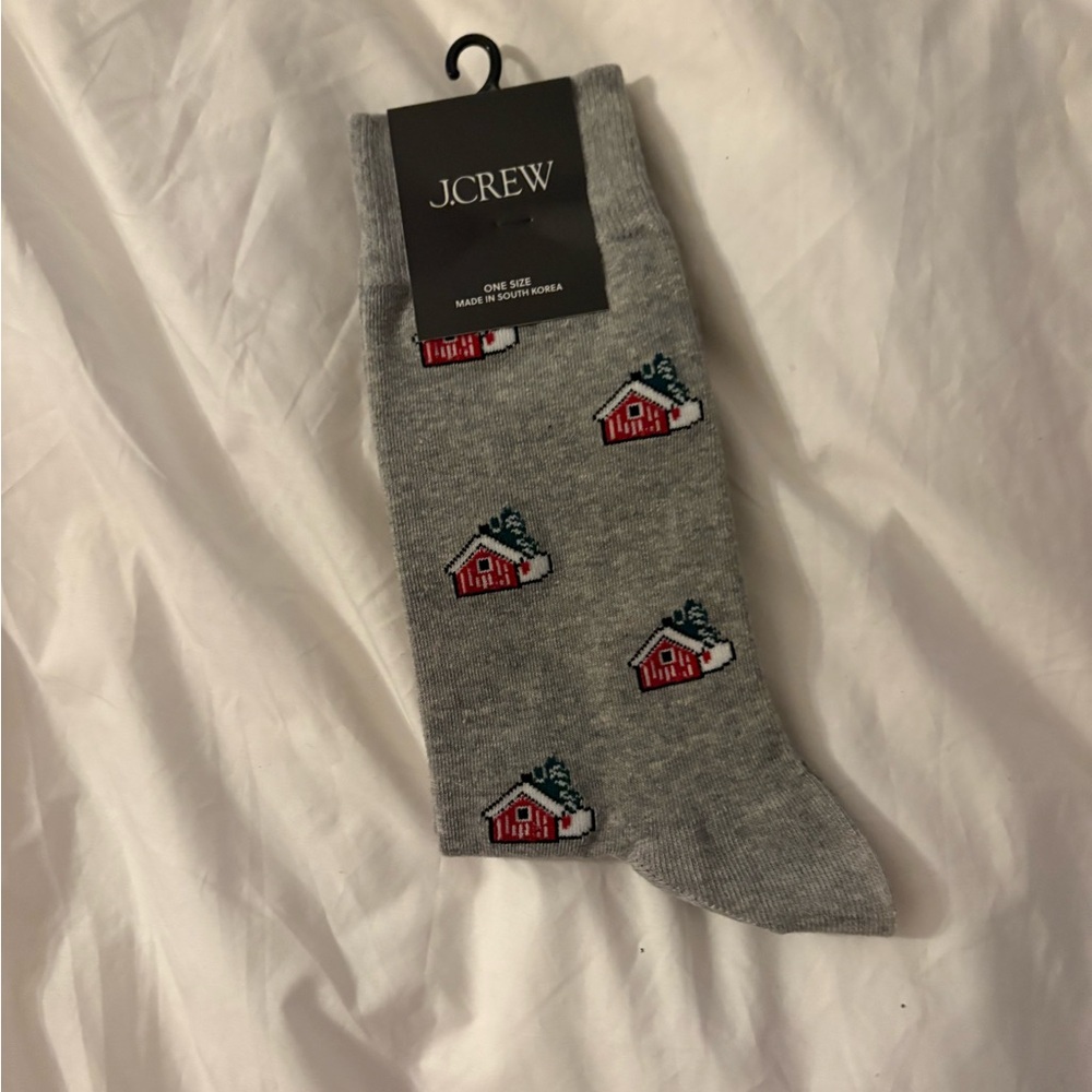 J. Crew Gray Socks with Red House Pattern Christmas